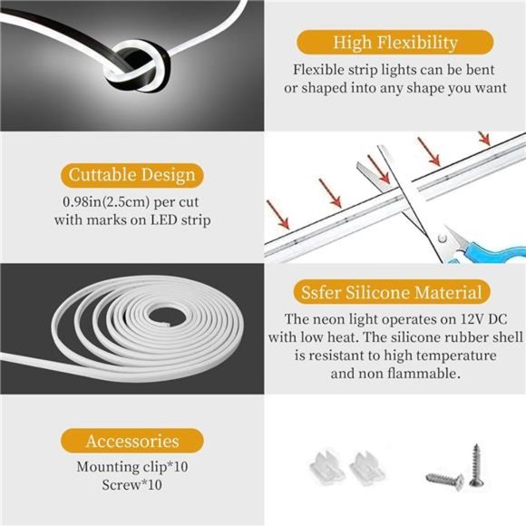 Neon LED StripLights 16.4ft/5m Neon Light Strip 12V Silicone LED Neon Rope Light - Picture 2 of 7